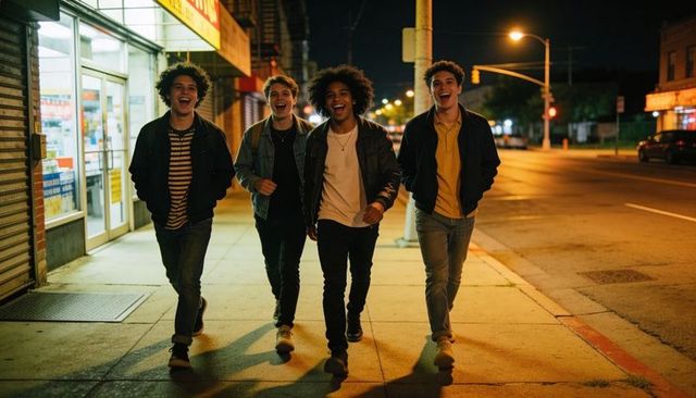 Four friends walking laughing on city sidewalk at night neon lights urban nightlife