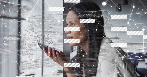 Businesswoman Using Smartphone for Voice Commands with Data Overlays and Network Analytics