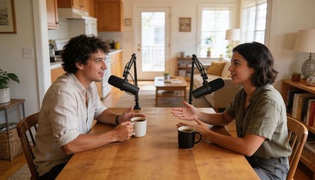 Two hosts recording casual home podcast at kitchen table with microphones and coffee