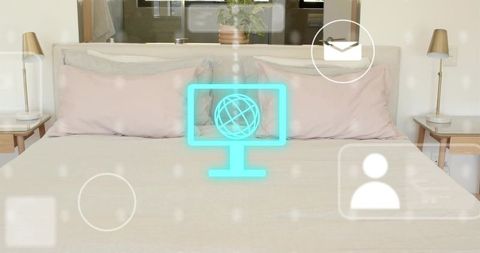 Minimal Pastel Bedroom with Neat Bed and Floating Digital Icons for Smart Home Concept
