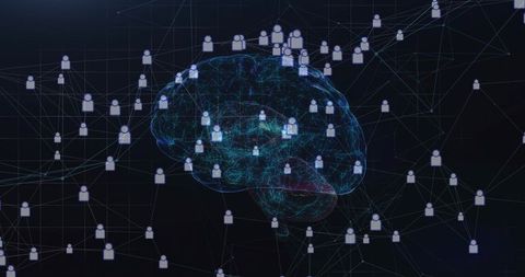 Glowing neon brain visualizing AI neural network connectivity, user node icons, data mesh