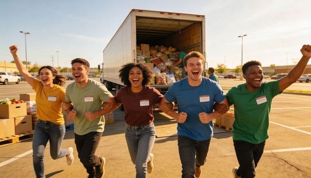 Volunteer team running with linked arms in parking lot during food distribution