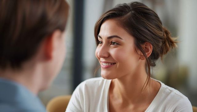 Young woman smiling and making eye contact during cozy home conversation