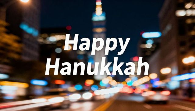 Happy Hanukkah Urban Night Greeting Overlaying Blurred Downtown Light Trails