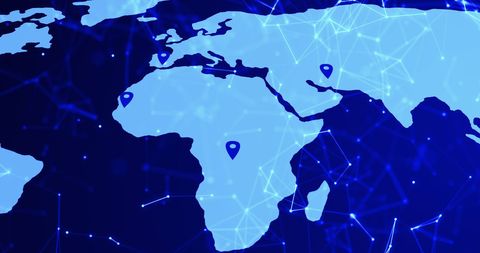 World map with digital connections and location pins