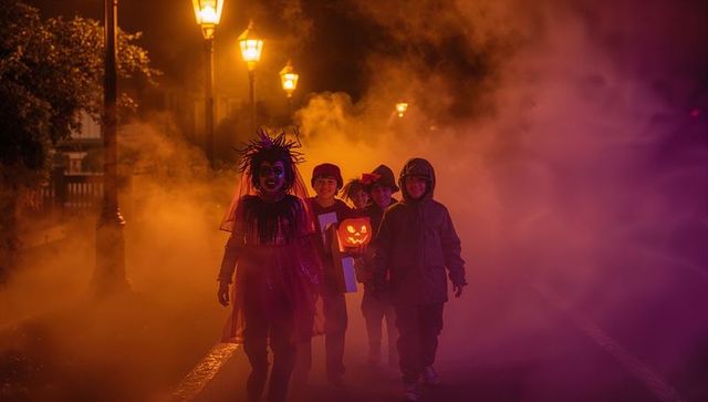Costumed children strolling halloween night with jack-o'-lantern