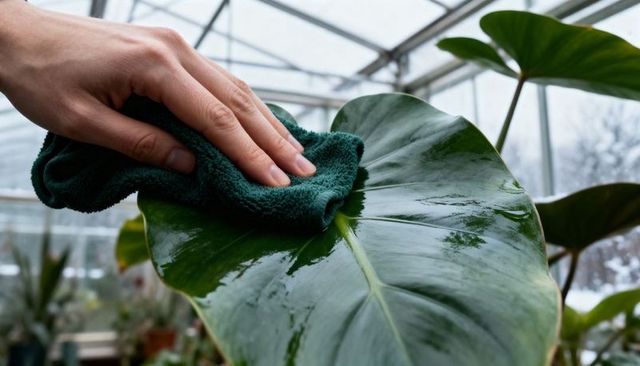 Hand wiping glossy monstera leaf with dark green microfiber cloth in greenhouse