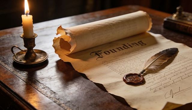 Founding scroll resting with quill and wax seal in candlelight