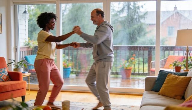 Couple dancing at home on rainy day, sharing joyful living room moment in casual clothes