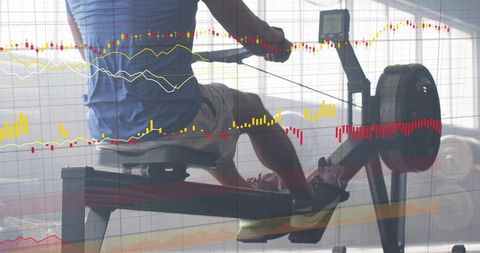 Rowing athlete powering ergometer with performance data overlay and fitness analytics
