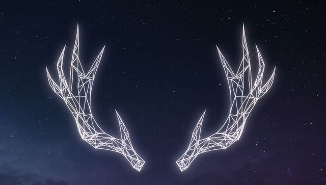 Futuristic neon wireframe antlers mirrored against starry night for cosmic design