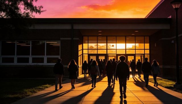 High school students walking toward school entrance at sunset casting long shadows