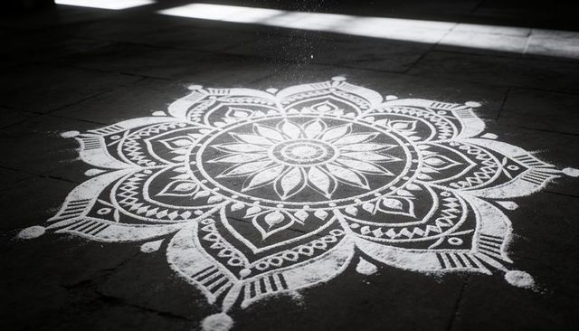 White rangoli mandala on dark tiled courtyard with powder sprinkling and dramatic light