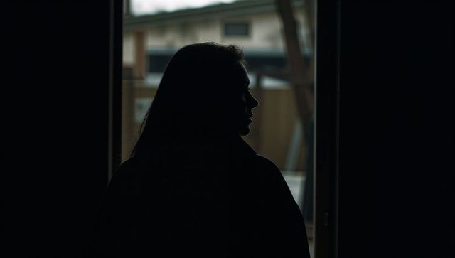 Standing silhouetted woman in dim doorway with rimlight, urban fence and moody backlight