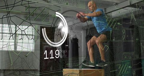 Athlete jumping onto plyo box with futuristic hud display 119, plyometric training concept