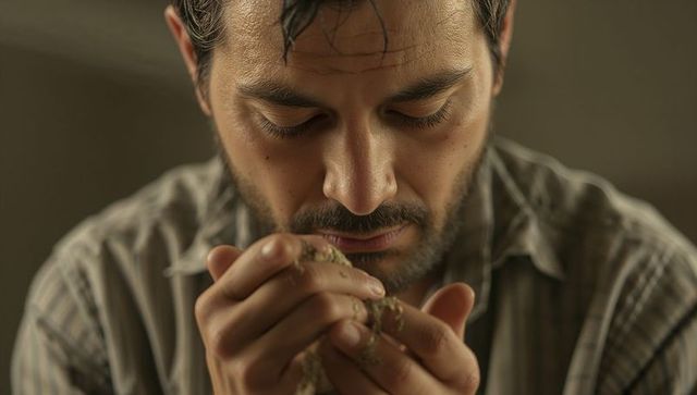 Bearded man inspecting dried herbs in cupped hands with contemplative closeup portrait