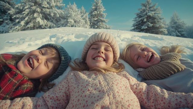 Three Friends Enjoying a Lively Winter Day Among Snowy Pines