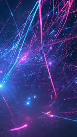 Neon Light Trails Weaving Through Dark Void Vertical Cyberpunk Motion Loop