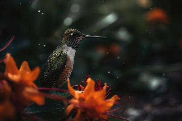 Hummingbird hovering by orange flower, copy space, created using generative ai technology. Beauty in nature, wildlife, agility and feeding concept digitally generated image.