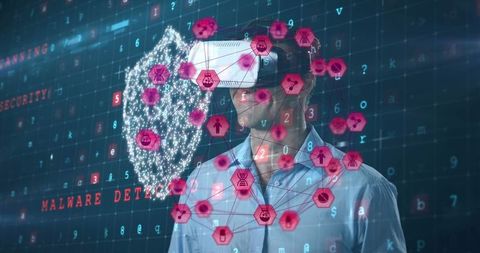 Man Wearing VR Headset with Digital Security Interface - Download Free Stock Images Pikwizard.com