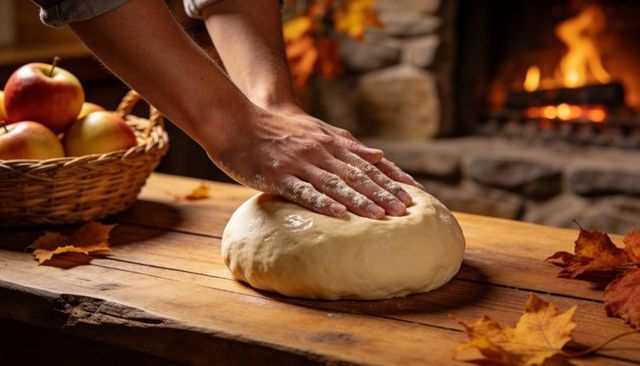 Hands Kneading Dough on Rustic Wooden Table with Apples and Fireplace Warmth, Cozy Autumn