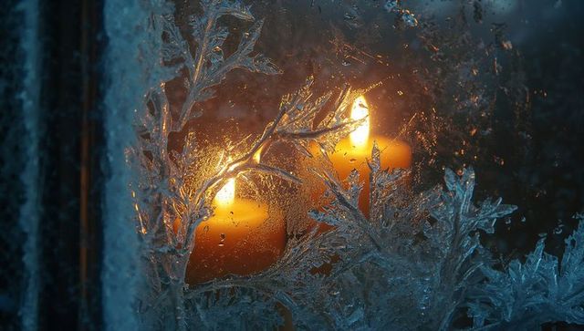 Glowing Candlelight Behind Frosted Window on Winter Night