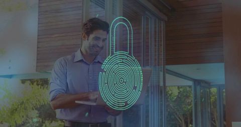 IT Professional Working on Secure Laptop with Digital Lock Hologram