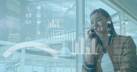 Businesswoman Using Smartphone with Digital Data Overlay