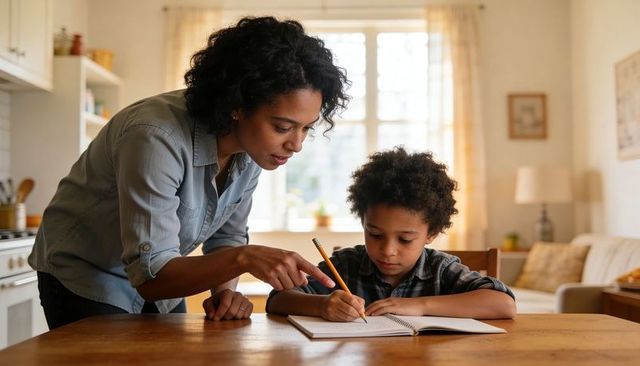 Mother guiding son through homework at kitchen table, focused tutoring and learning moment