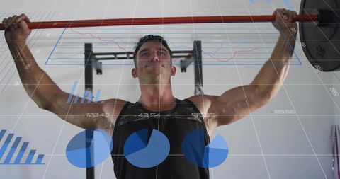 Athlete Lifting Barbell Overhead with Fitness Data Overlay and Performance Charts