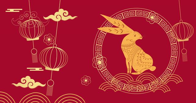 Lunar New Year Celebratory Art with Rabbit and Lanterns on Red Background - Download Free Stock Images Pikwizard.com