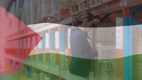 Depressed Warehouse Worker with Superimposed Palestinian Flag