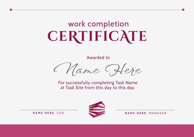 This elegant work completion certificate template features a beige background with a professional and formal design. It is perfect for businesses and offices looking to create certificates for task completion and recognitions. The template is fully customizable, allowing you to insert any relevant details such as the recipient’s name, task name, and specific dates. Ideal for acknowledging employee achievements, celebrating milestones, and giving awards in a corporate or office setting.