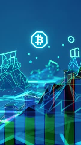 Initializing 3D bar chart rising on digital grid with Bitcoin logo showing crypto growth