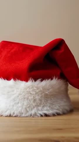 Vertical video zooming on red Santa hat with fluffy fur trim and velvet texture