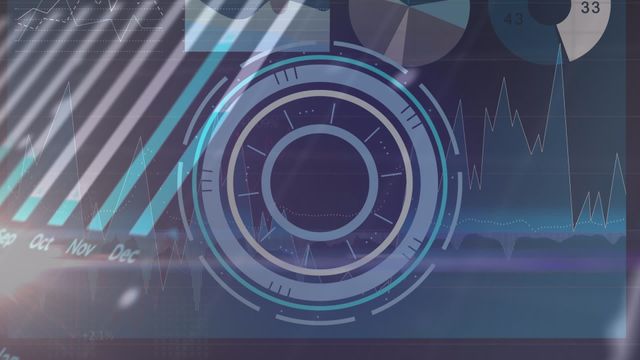 Futuristic visualization of data processing elements combined with dynamic graphs and a circular scanning interface. The graphics suggest innovation in digital analytics and global business solutions. Useful for illustrating themes in financial technology, data visualization, and advanced business tools.