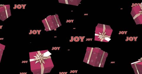 Floating Festive Gifts with Repeated Joy Text on Black Background