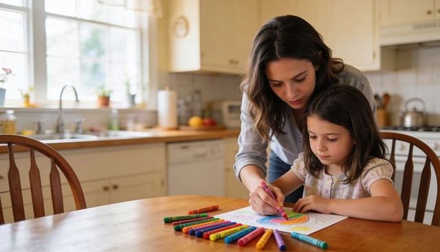 Mom helping daughter color rainbow drawing at sunlit kitchen table with crayons