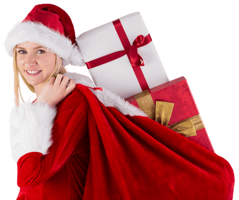 Festive Blonde in Red Santa Outfit Carrying Transparent Sack of Gifts