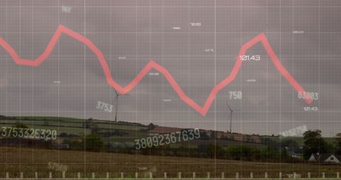 financial data over wind turbine landscape suggests economic trends - Download Free Stock Images Pikwizard.com