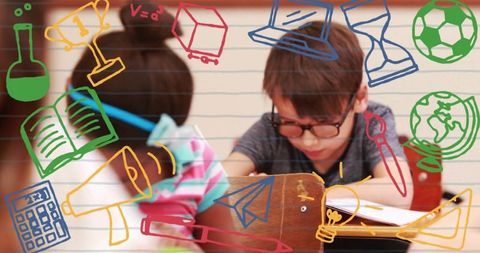 Young student concentrating on schoolwork with colorful hand-drawn education doodles overlay