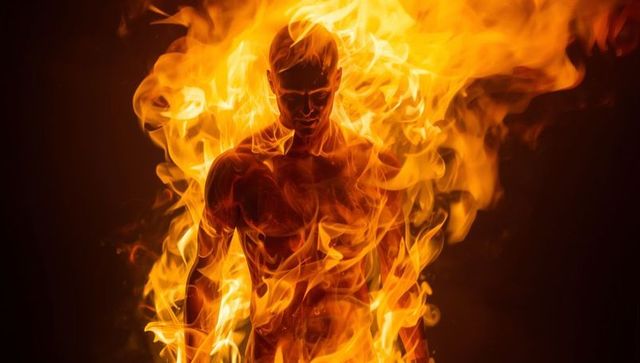 Fiery Man Enveloped in Swirling Flames