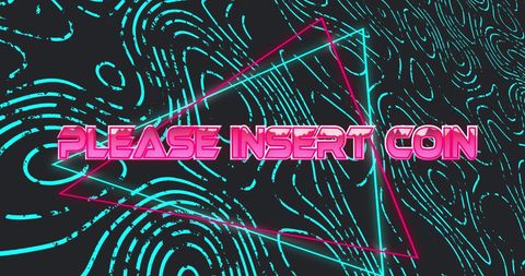 a neon text reading 'please insert coin' over a digital background featuring turquoise and pink geometric shapes embodies a vibrant retro aesthetic. this evokes nostalgia and can be great for promoting arcade games, events, techn-themed parties, or digital projects.