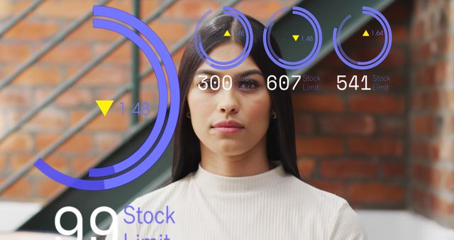 Young woman in white sweater engaging with augmented reality data visualizations. Indicates business evaluation, technological advancement, and futuristic interface. Ideal for illustrating concepts around modern tech, data analysis, and innovative business solutions.