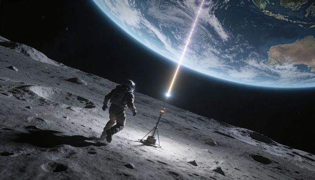Astronaut walking toward beacon on moon with earth-lit laser beam connecting transmitter