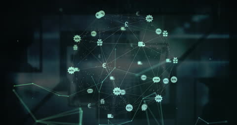 Digital Icon Network with Globe on Dark Background