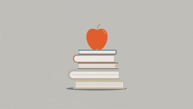 Minimalist book stack with red apple, vector art