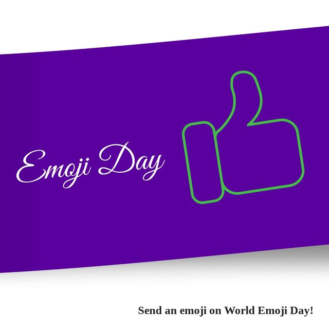 Illustration of thumbs up with emoji day text on blue background, copy space. vector, celebration, emotion, small digital icon, emoticon, expression.