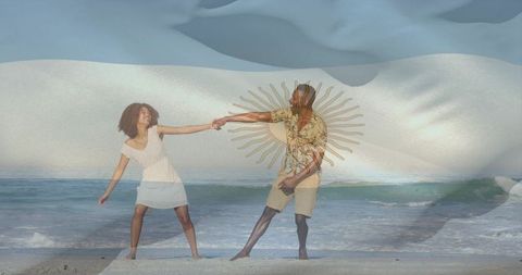 Couple holding hands on beach with argentina sun emblem double exposure travel romance