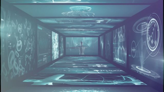 Futuristic virtual reality room featuring holographic interfaces depicting various data visualizations, global networking, and business technology. Perfect for illustrating concepts related to advanced technology, innovation in business, and digital transformation in corporate settings or educational material.